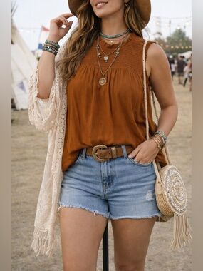 Nanette Lepore Boho Smocked Tank Earthy Rust Lightweight Flowy Top L